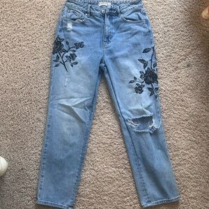 PacSun Blue Straight Leg Jeans Floral Embroidered